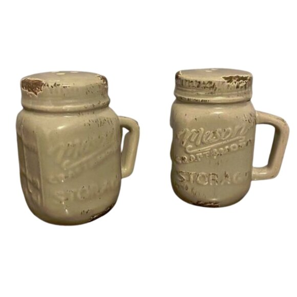 Rustic Farmhouse Distressed Mason Jar Salt & Pepper Shakers Set Beige/Tan New - Picture 2 of 8